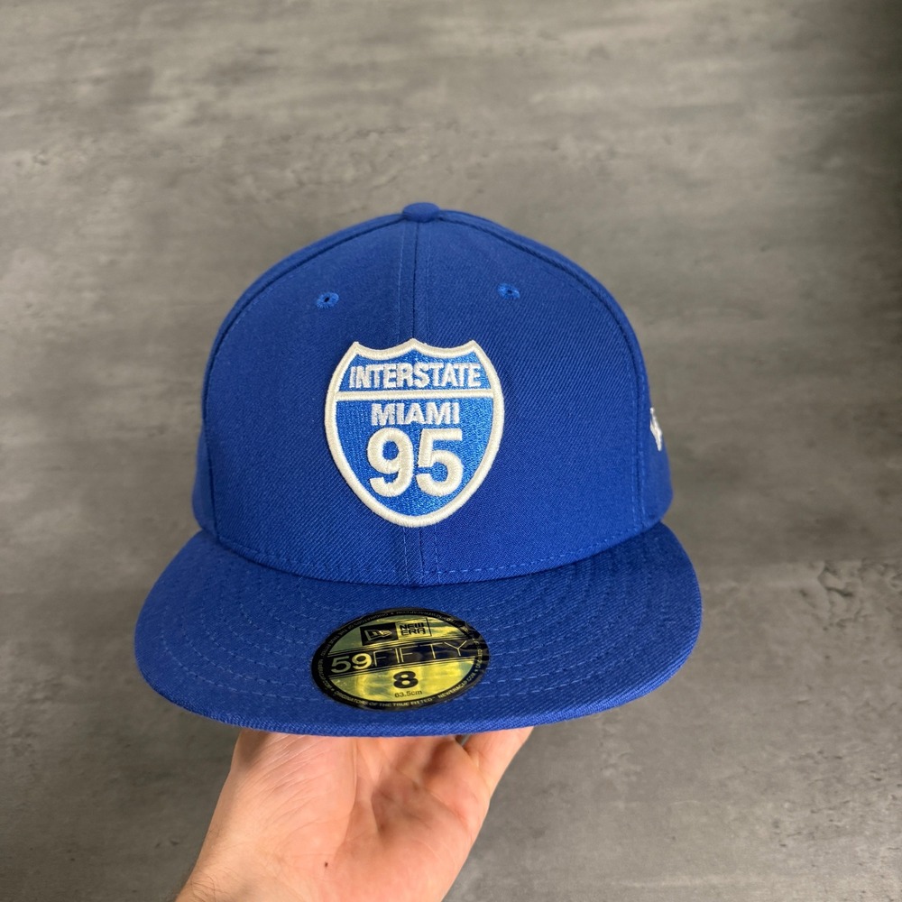 Vintage New Era I-95 Fitted Hat 8 Blue Interstate Miami 95 305 Wool USA Made Cap - Picture 2 of 8